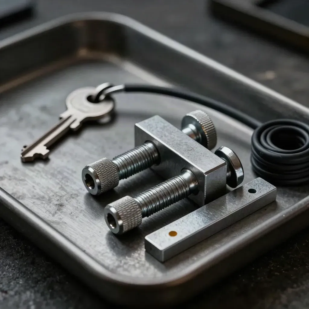 Rail fasteners, gauge blocks, coupling pin and cable on a stone work surface in hard light.