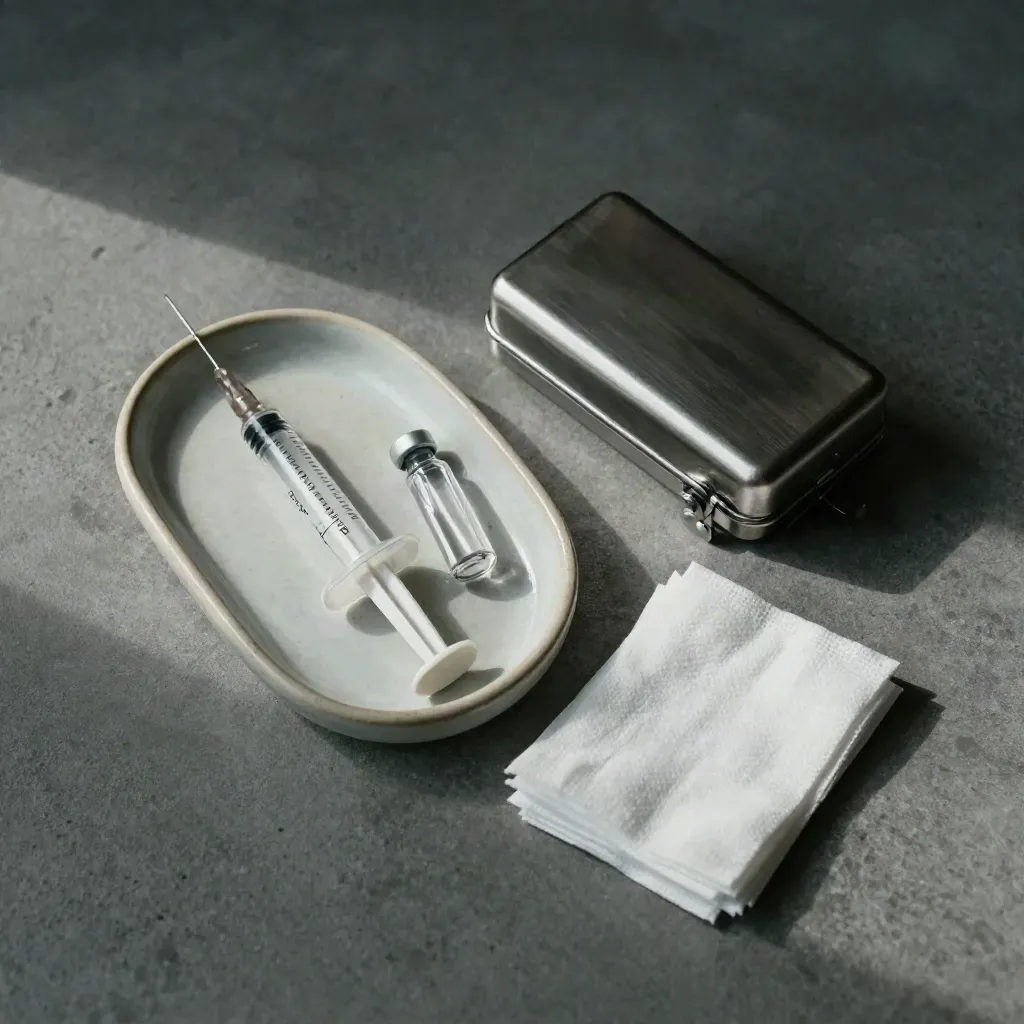 Ceramic syringe tray, capped vials, ampoule case and gauze packets on cool concrete under clinic light.