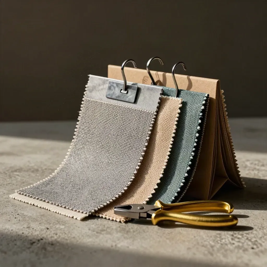 Retail swatches, chrome hooks, kraft packaging corners and brass plier on concrete