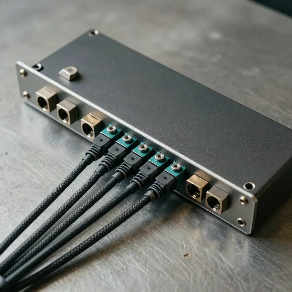 Overhead flatlay of rack hardware, braided leads, and connector blocks on brushed metal.