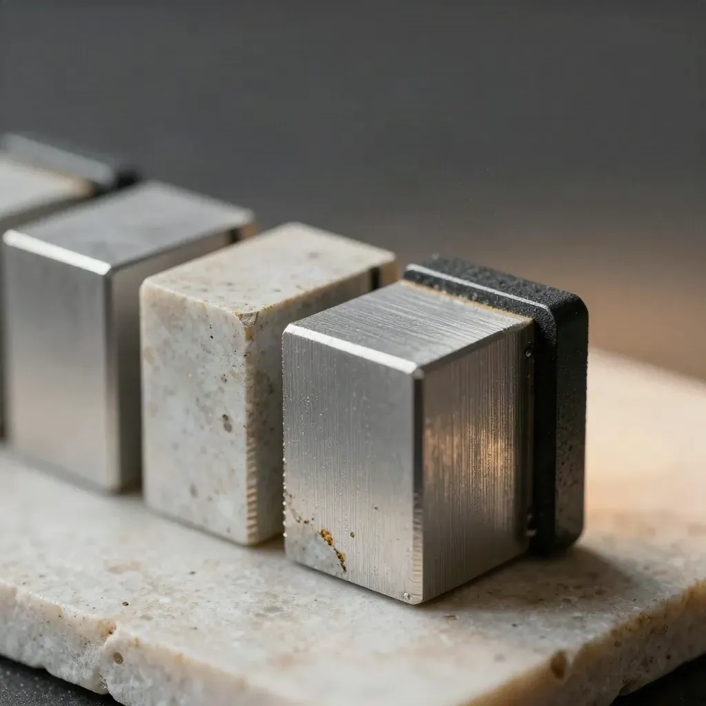 Weathered metal sample cubes, stone chips, and a black bracket on pale stone