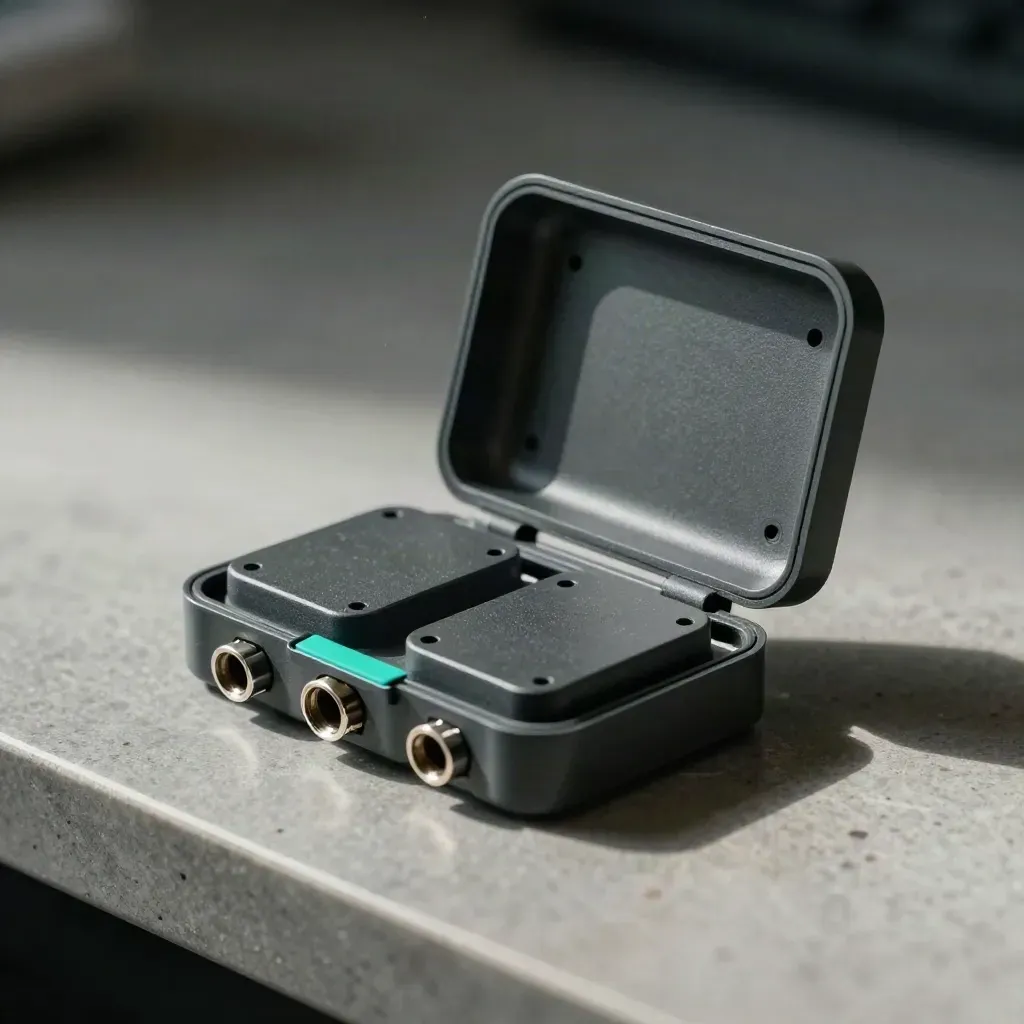 Prototype enclosure with clip-on modules and fasteners on a graphite lab bench.