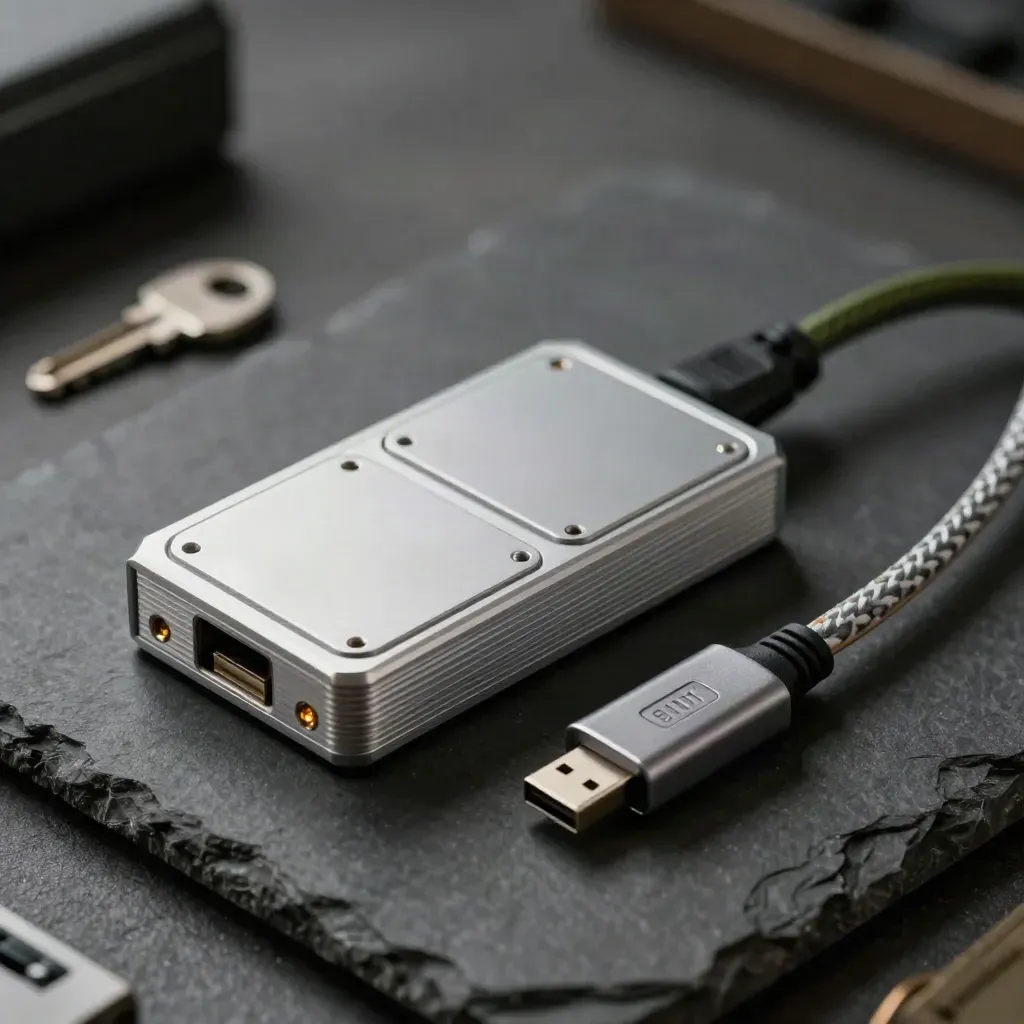 Aluminium project box with adapter plates, USB hub, and braided leads on a dark studio slab.