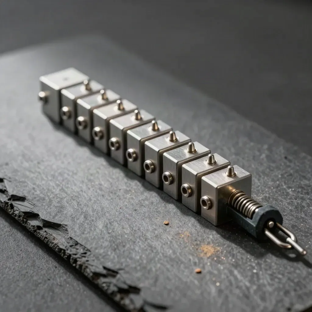 Top-down macro of relay blocks, pin connectors, and a slate spring clamp on graphite stone.