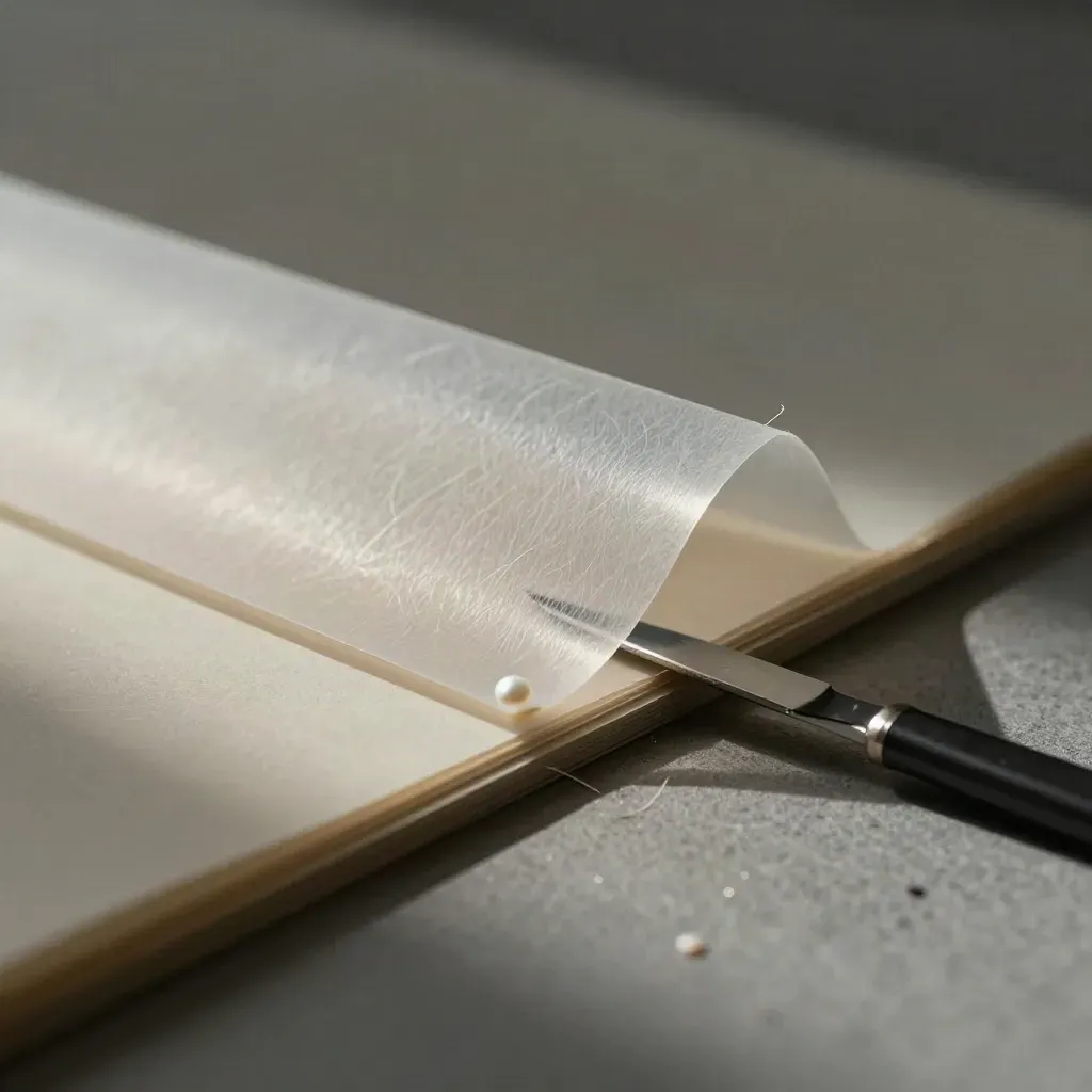 Extreme macro of vellum tracing sheets, graphite spacer and drafting knife on a stone-grey surface.