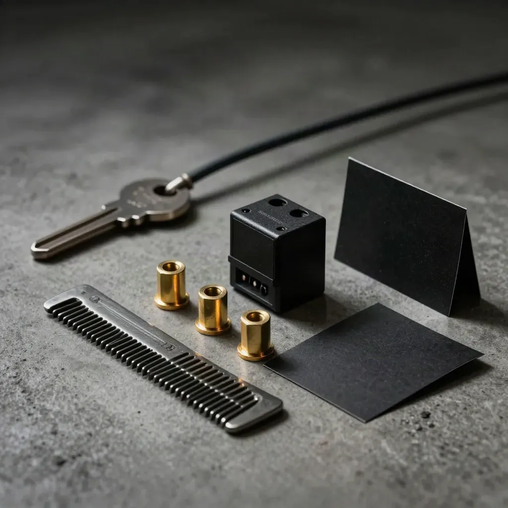 Graphite cable comb, brass standoffs, circuit breaker and folded project card on concrete.