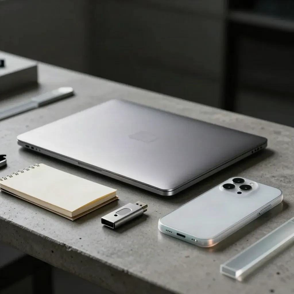 Closed laptop, pocket notebook, USB drive and prototype shell on a concrete bench, seen through frosted acrylic.