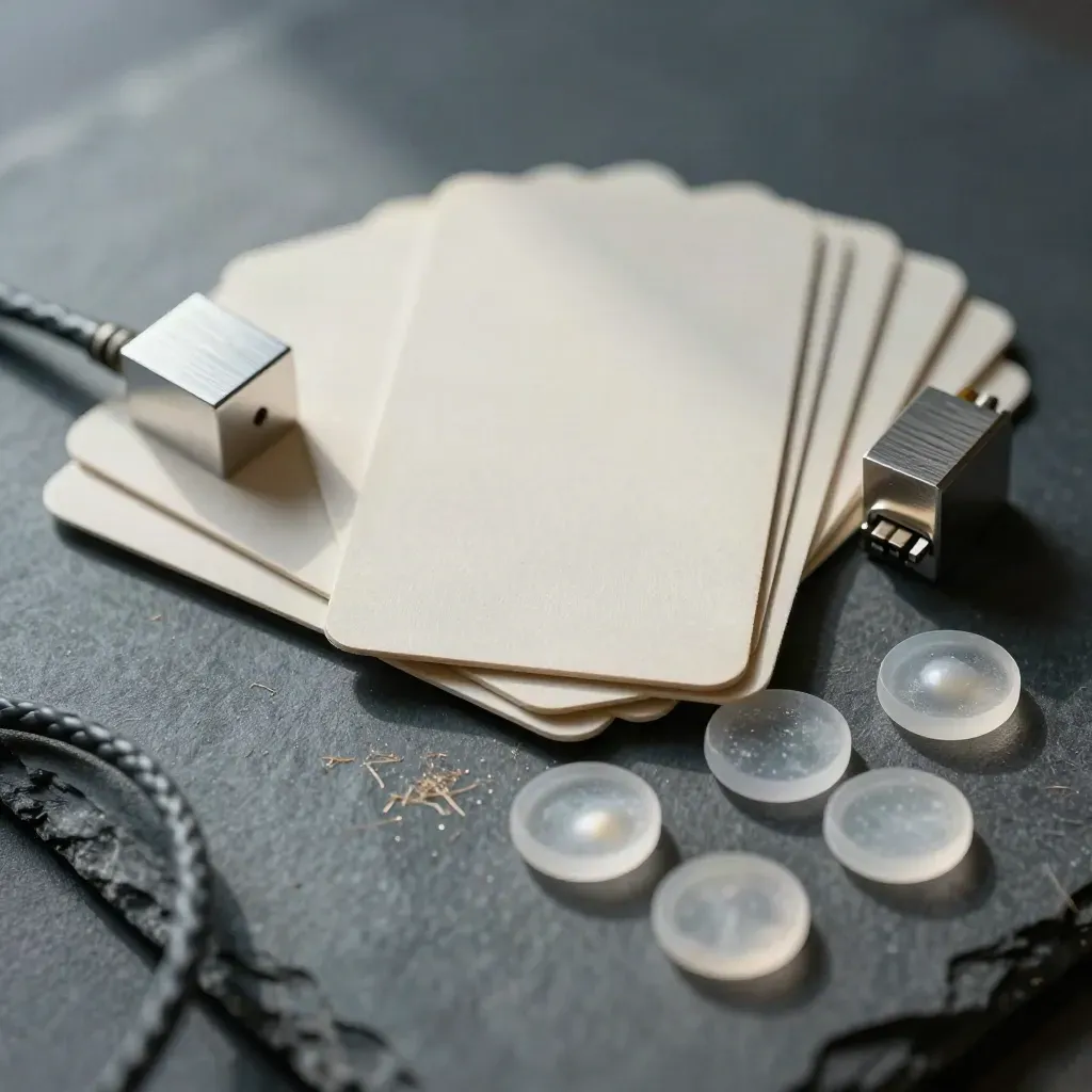 Macro flatlay of prototype cards, task chips, aluminium block and braided cables on slate stone.