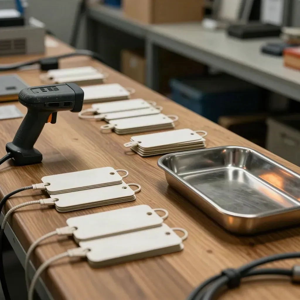 Scanner dock, RFID tags, cable ties, and dispatch tray on a workshop bench