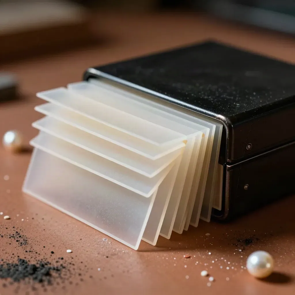 Top-down close-up of prototype sheets, foam-board pieces, and a black case in warm studio light.