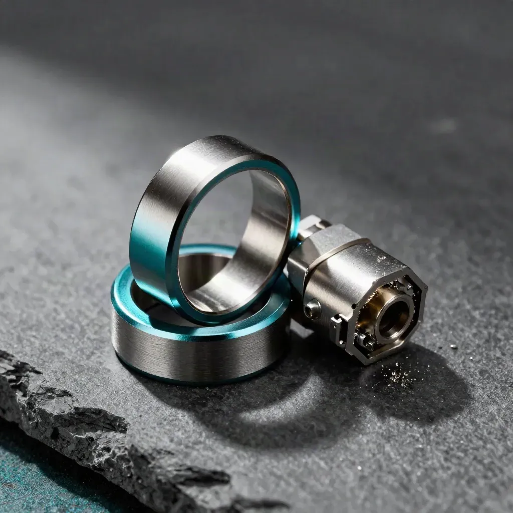 Macro of interlocking metal connectors on stone, with teal accent and floating dust.