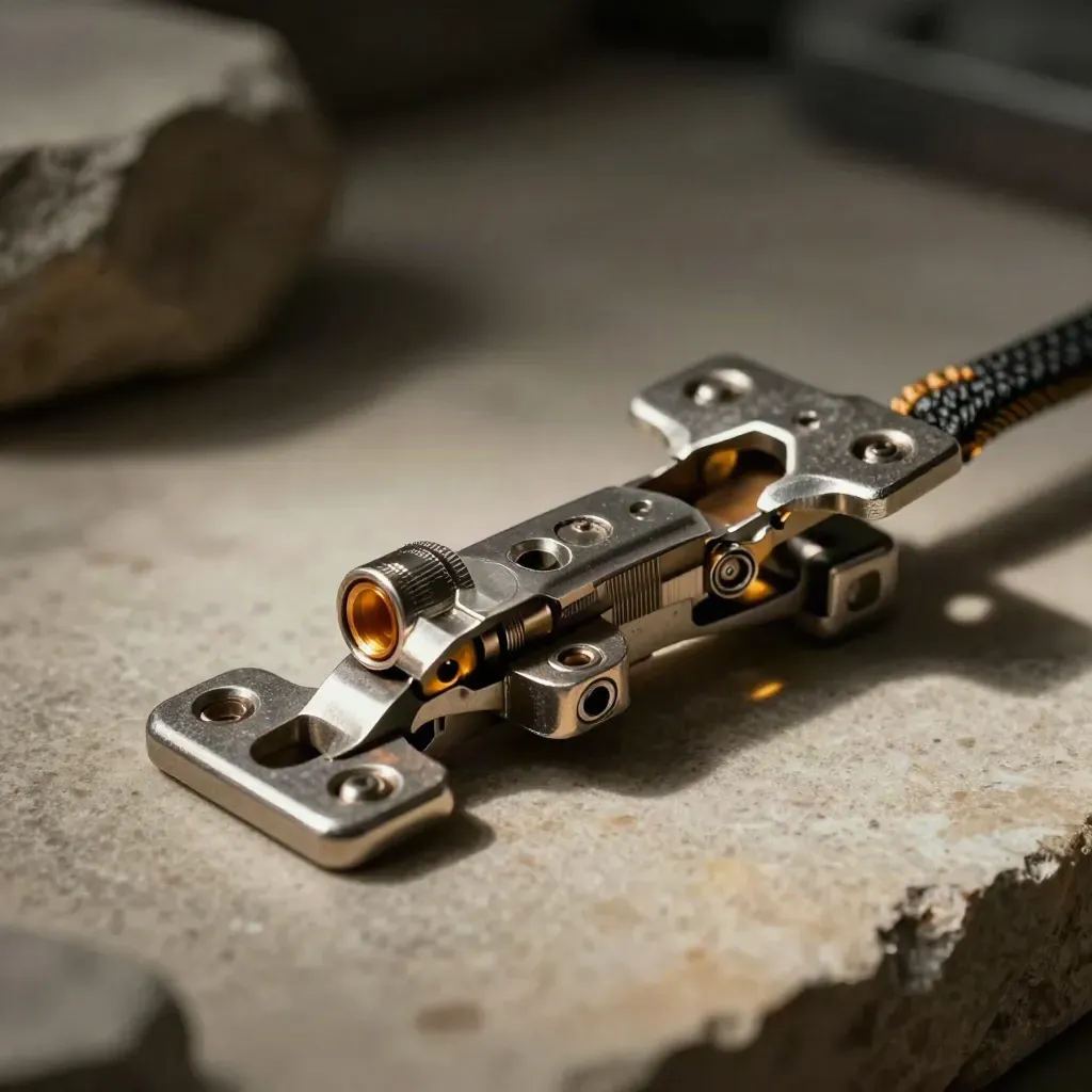 Precision connector shells click together beside a braided lead on warm stone.