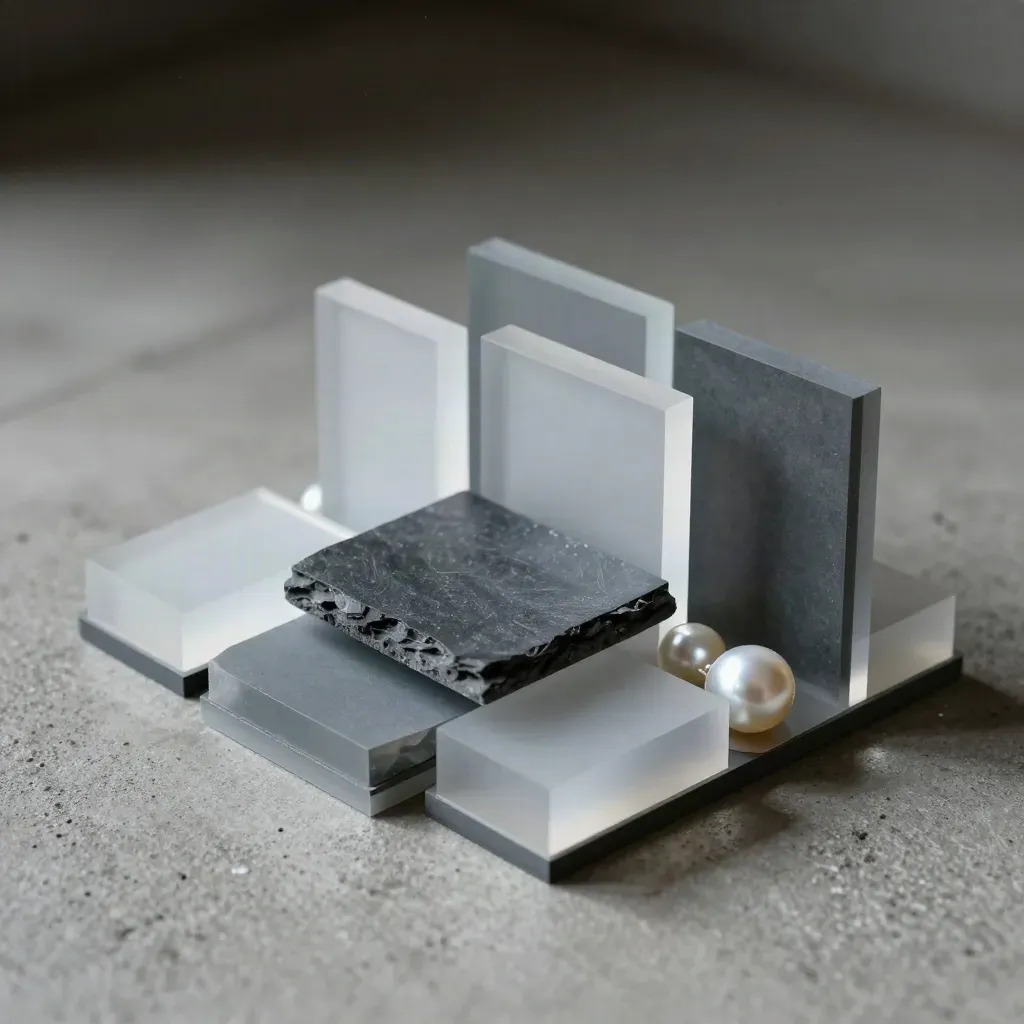 Top-down frosted acrylic blocks and graphite spacer on a dark matte surface with soft shadows.