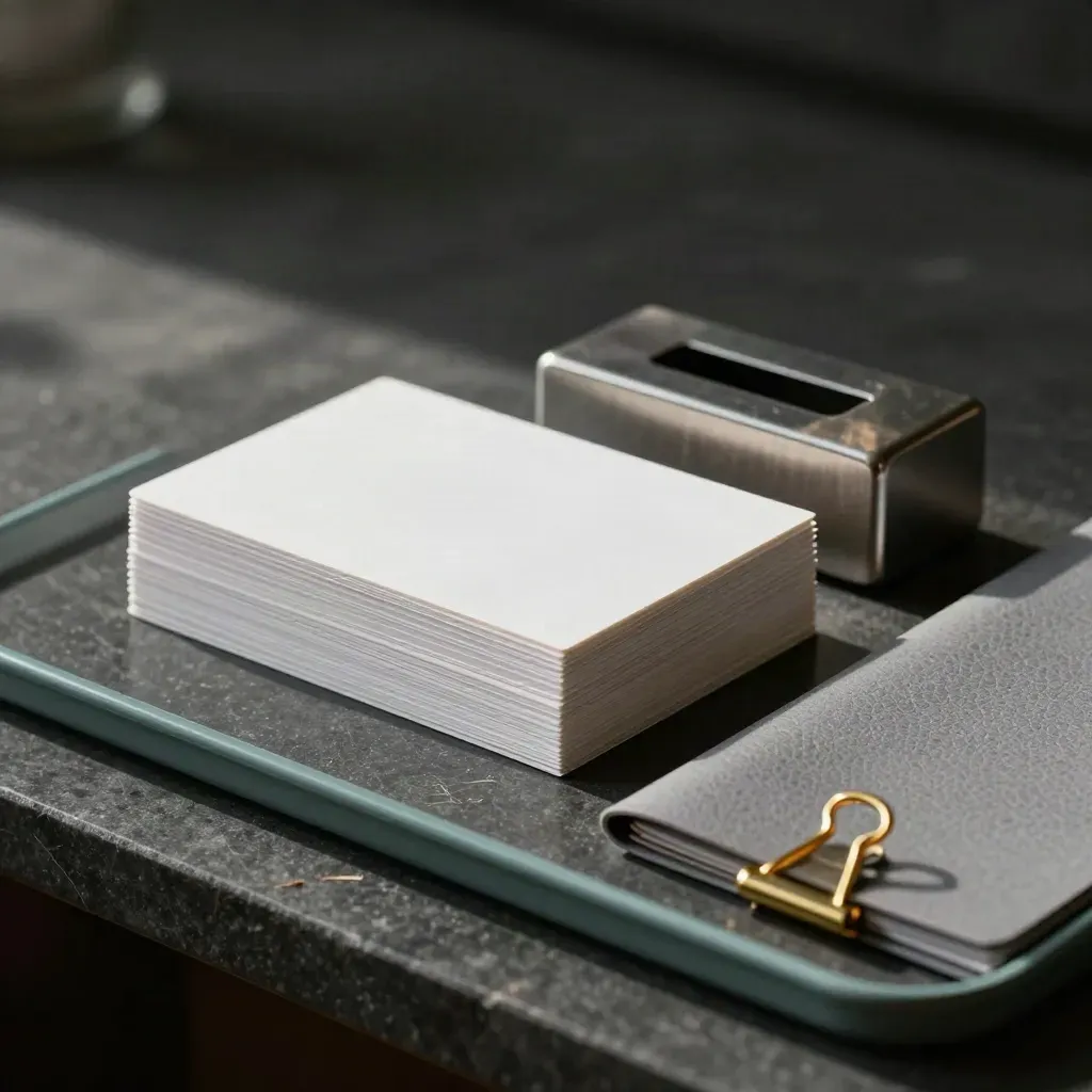Stationery still life with blank cards, steel paperweight, grey folder and brass clips on stone.