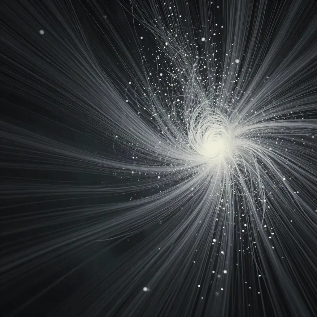 Silver light filaments converge into a pearl bloom over graphite haze, with empty space below.